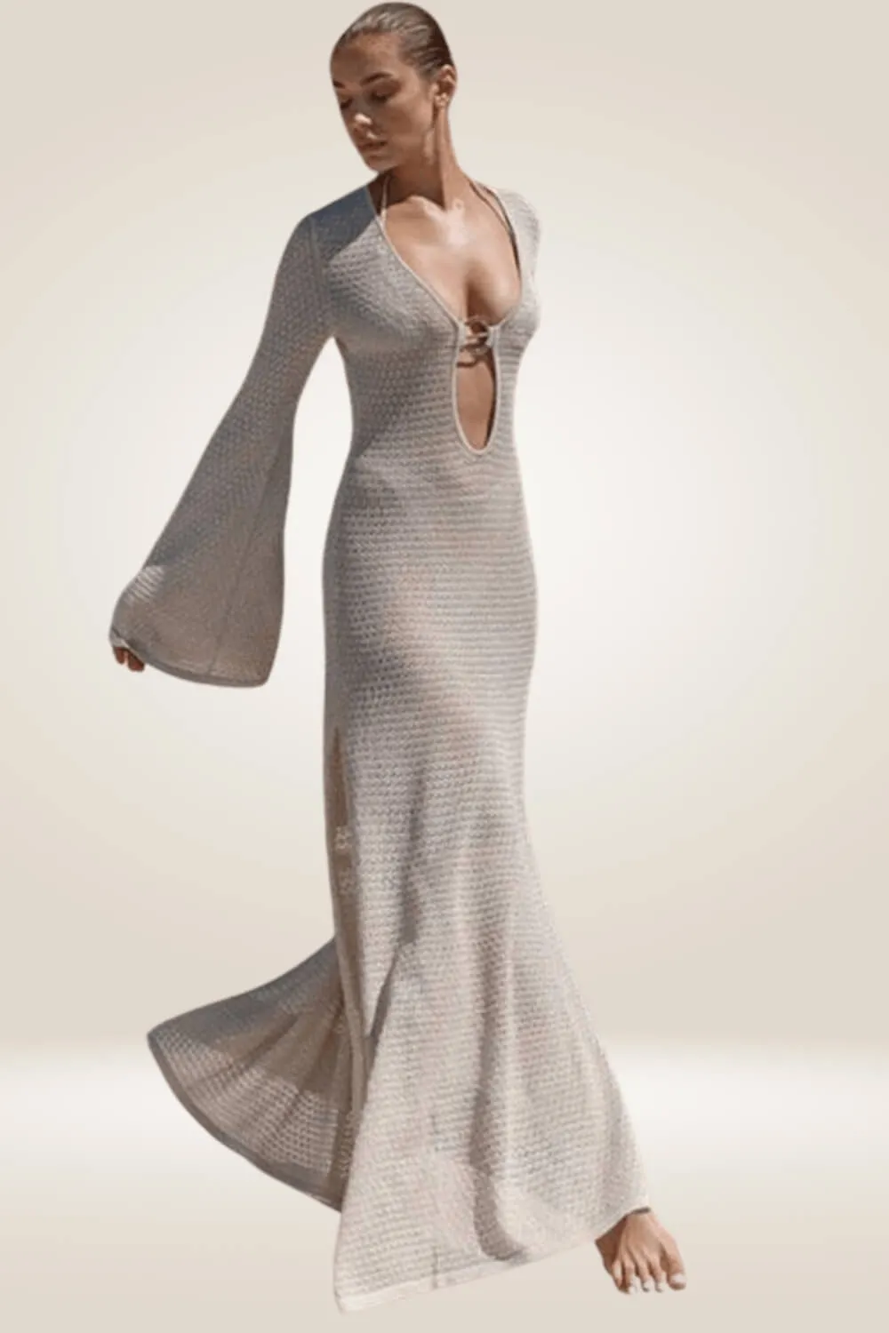 Beige Long Sleeve Crochet Maxi Dress