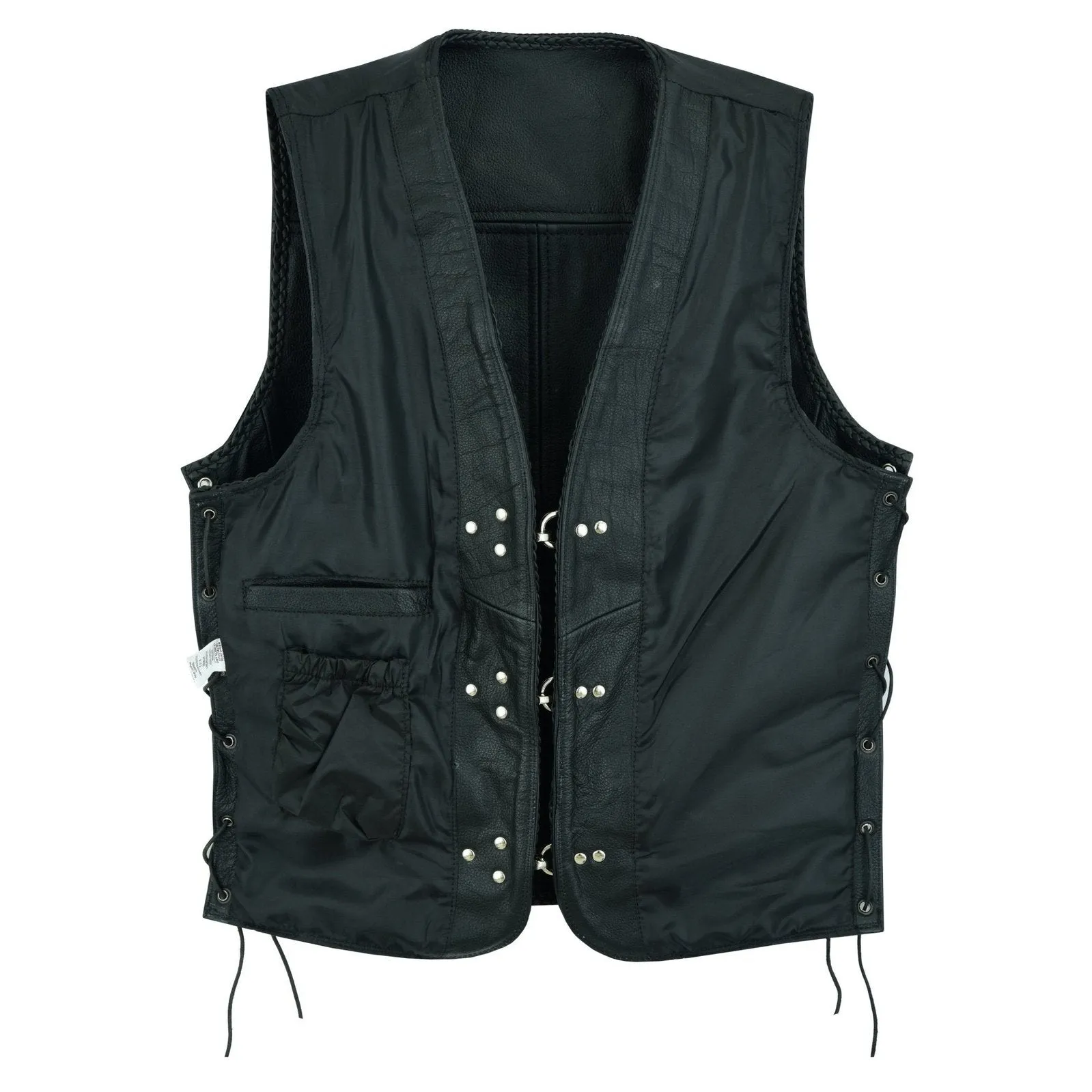 Braided Mens Leather Waistcoat Motorcycle Biker Vest Black with Hooks