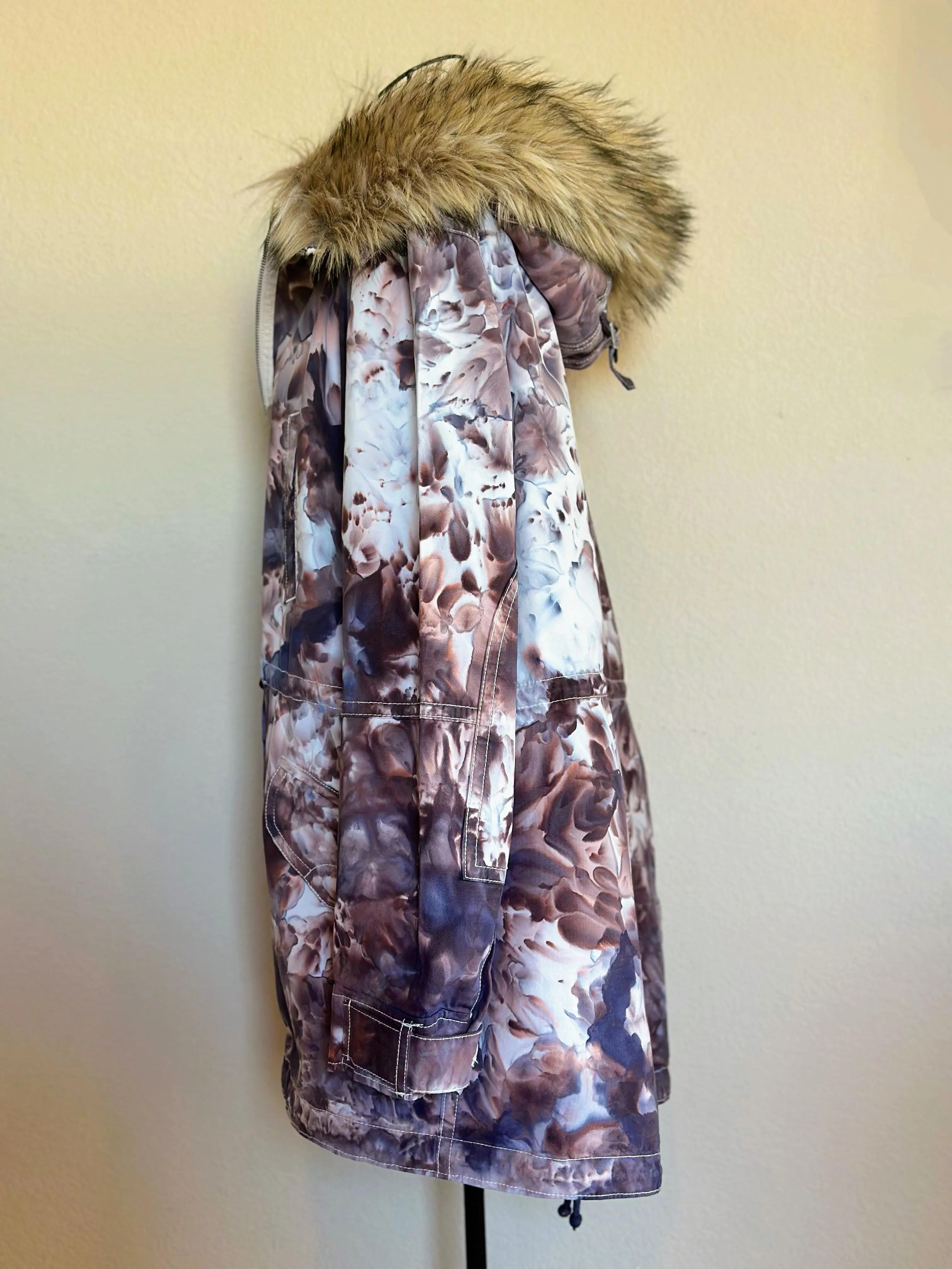 Custom Order Women’s Large Gap Parka Jacket with Removable Sherpa Lining & Faux Fur Trim Hood in ‘Dark Black’ and Corduroy Bell Bottoms for ‘Monika’