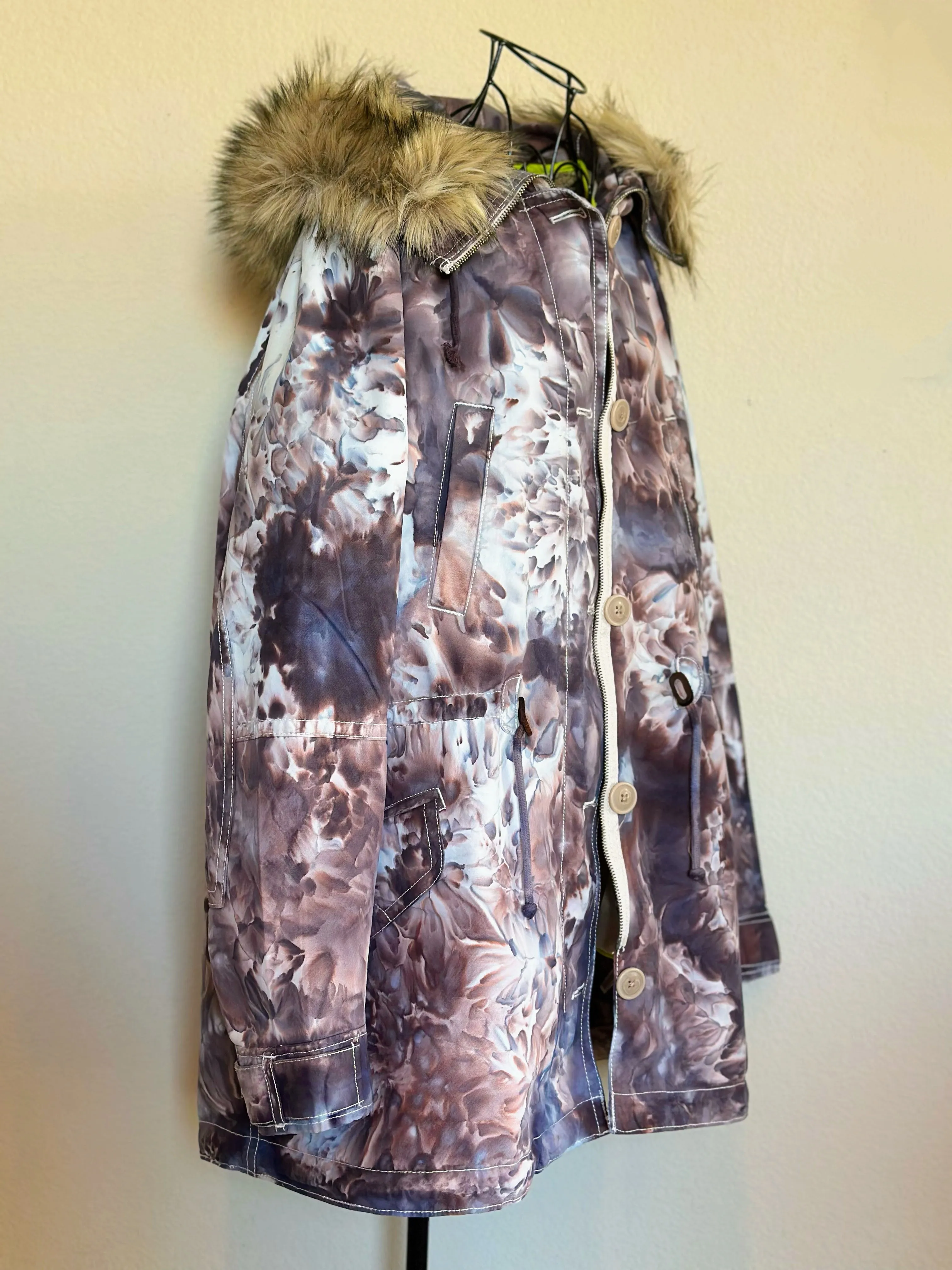 Custom Order Women’s Large Gap Parka Jacket with Removable Sherpa Lining & Faux Fur Trim Hood in ‘Dark Black’ and Corduroy Bell Bottoms for ‘Monika’