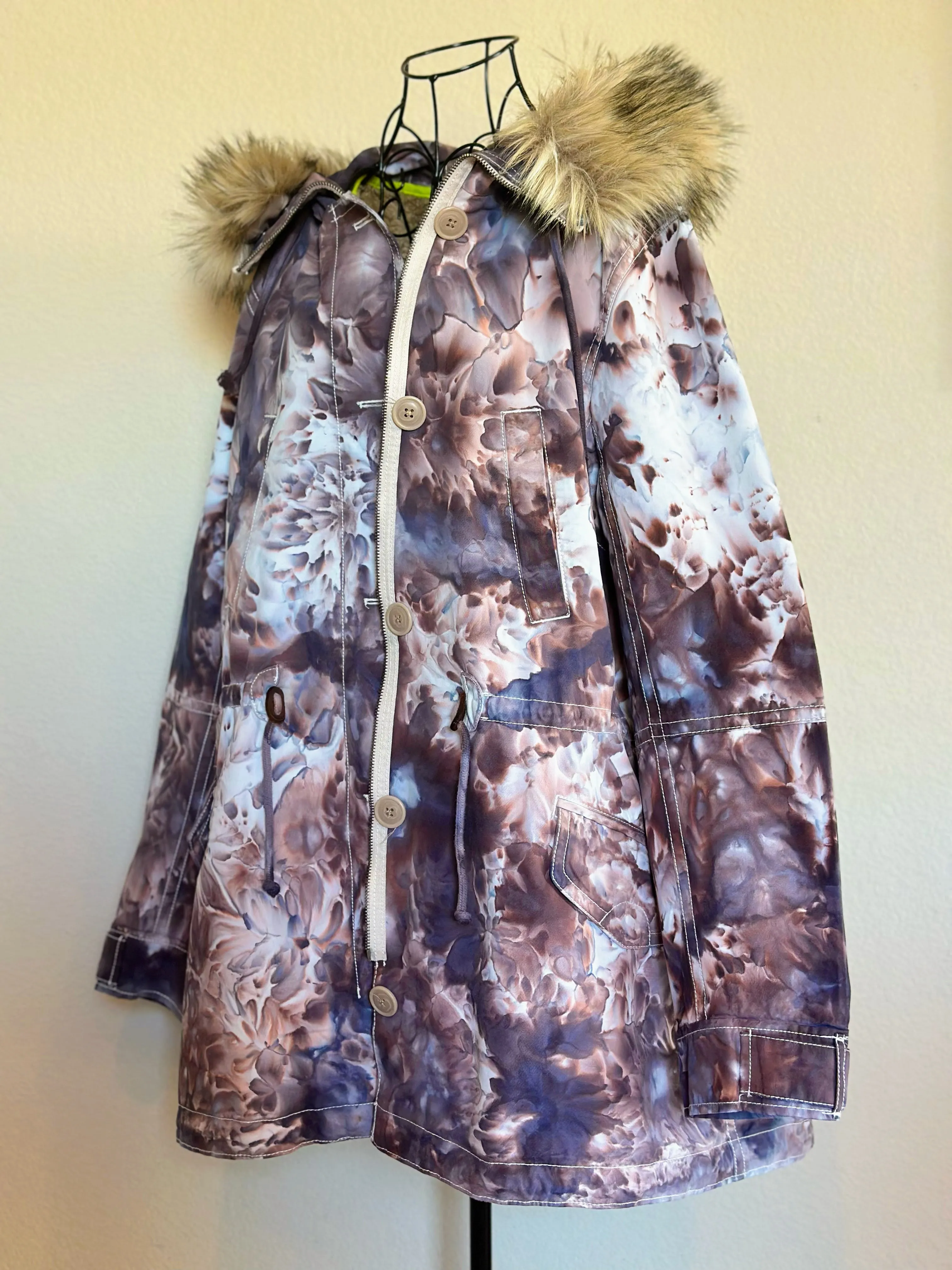 Custom Order Women’s Large Gap Parka Jacket with Removable Sherpa Lining & Faux Fur Trim Hood in ‘Dark Black’ and Corduroy Bell Bottoms for ‘Monika’