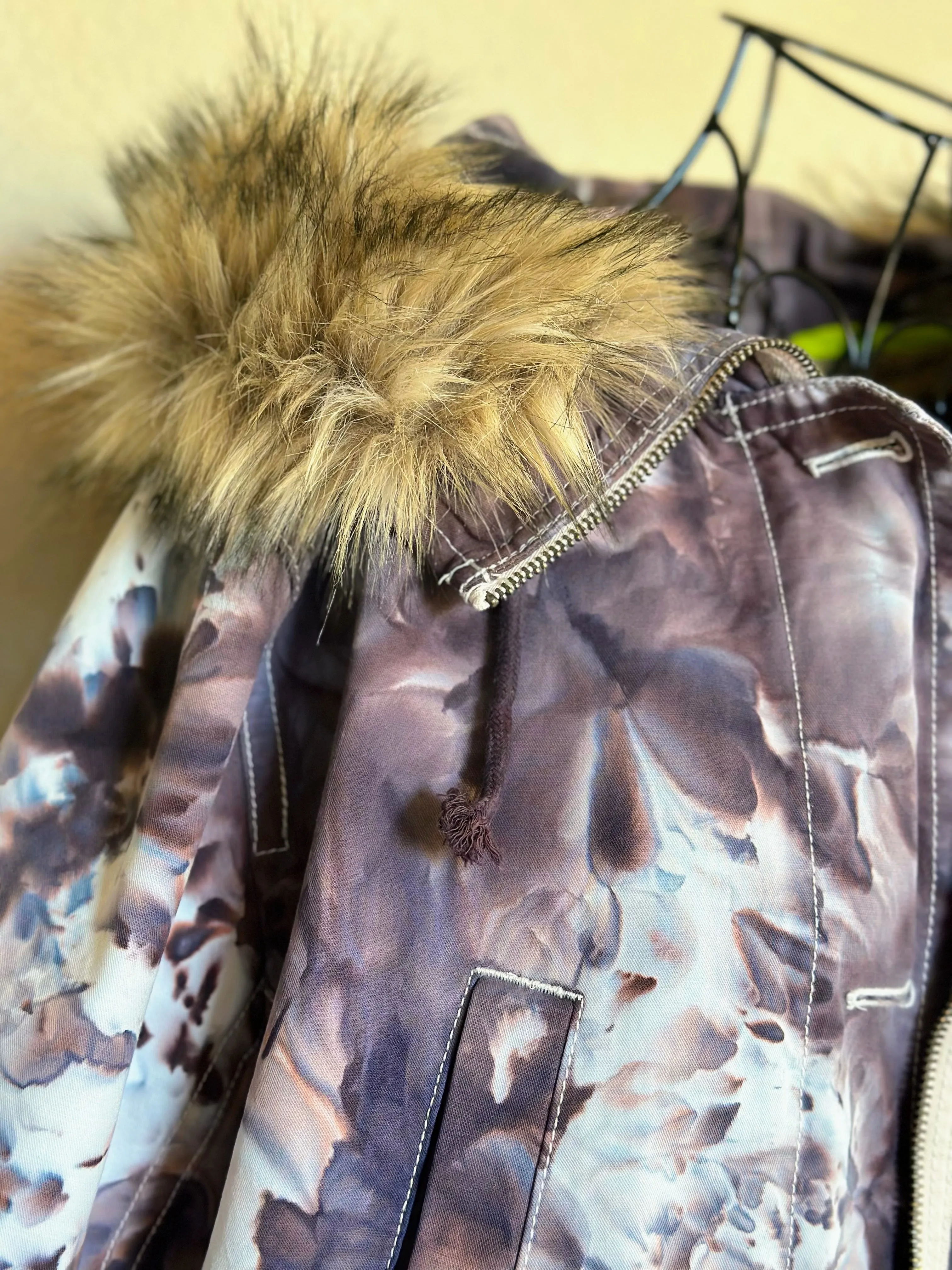 Custom Order Women’s Large Gap Parka Jacket with Removable Sherpa Lining & Faux Fur Trim Hood in ‘Dark Black’ and Corduroy Bell Bottoms for ‘Monika’