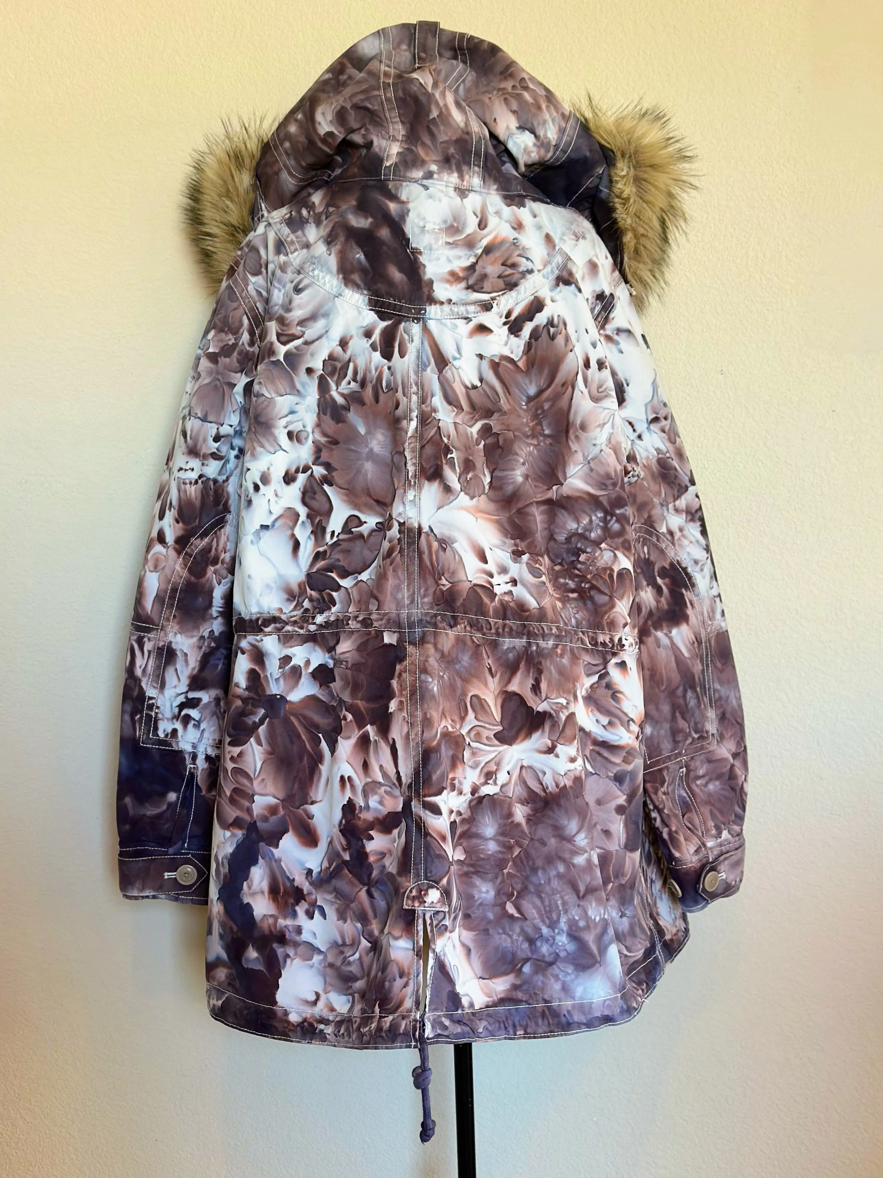 Custom Order Women’s Large Gap Parka Jacket with Removable Sherpa Lining & Faux Fur Trim Hood in ‘Dark Black’ and Corduroy Bell Bottoms for ‘Monika’