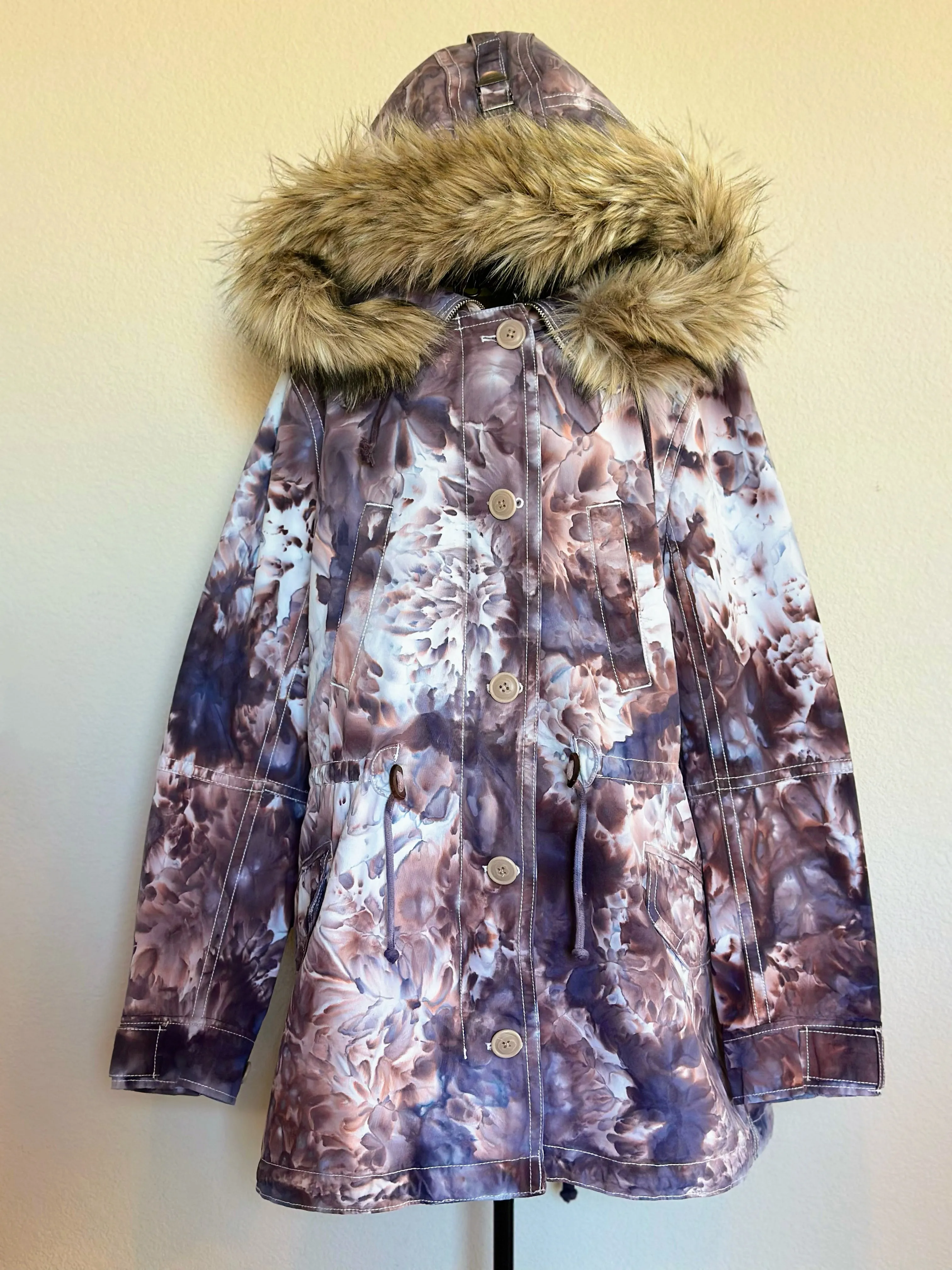 Custom Order Women’s Large Gap Parka Jacket with Removable Sherpa Lining & Faux Fur Trim Hood in ‘Dark Black’ and Corduroy Bell Bottoms for ‘Monika’