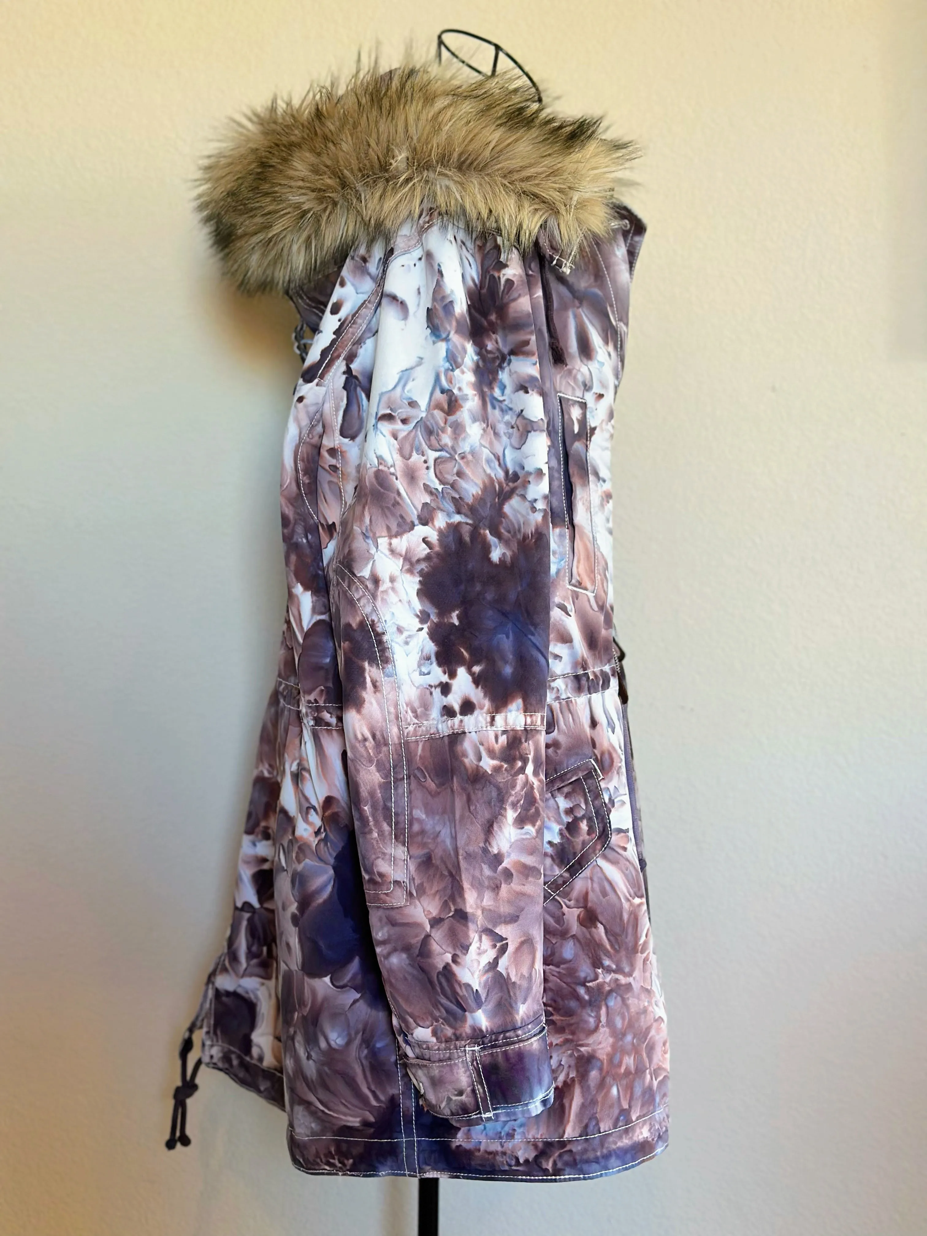 Custom Order Women’s Large Gap Parka Jacket with Removable Sherpa Lining & Faux Fur Trim Hood in ‘Dark Black’ and Corduroy Bell Bottoms for ‘Monika’