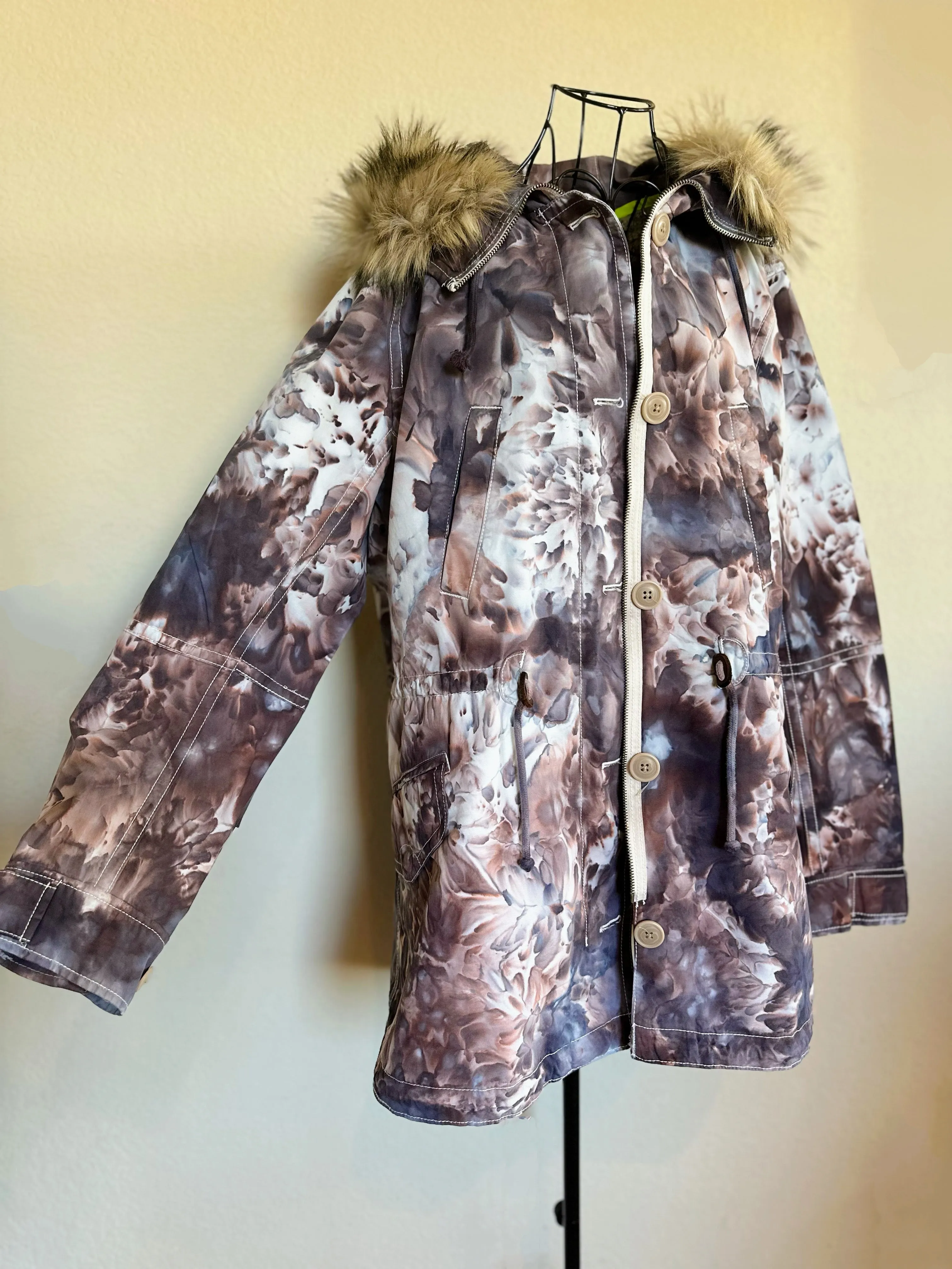 Custom Order Women’s Large Gap Parka Jacket with Removable Sherpa Lining & Faux Fur Trim Hood in ‘Dark Black’ and Corduroy Bell Bottoms for ‘Monika’
