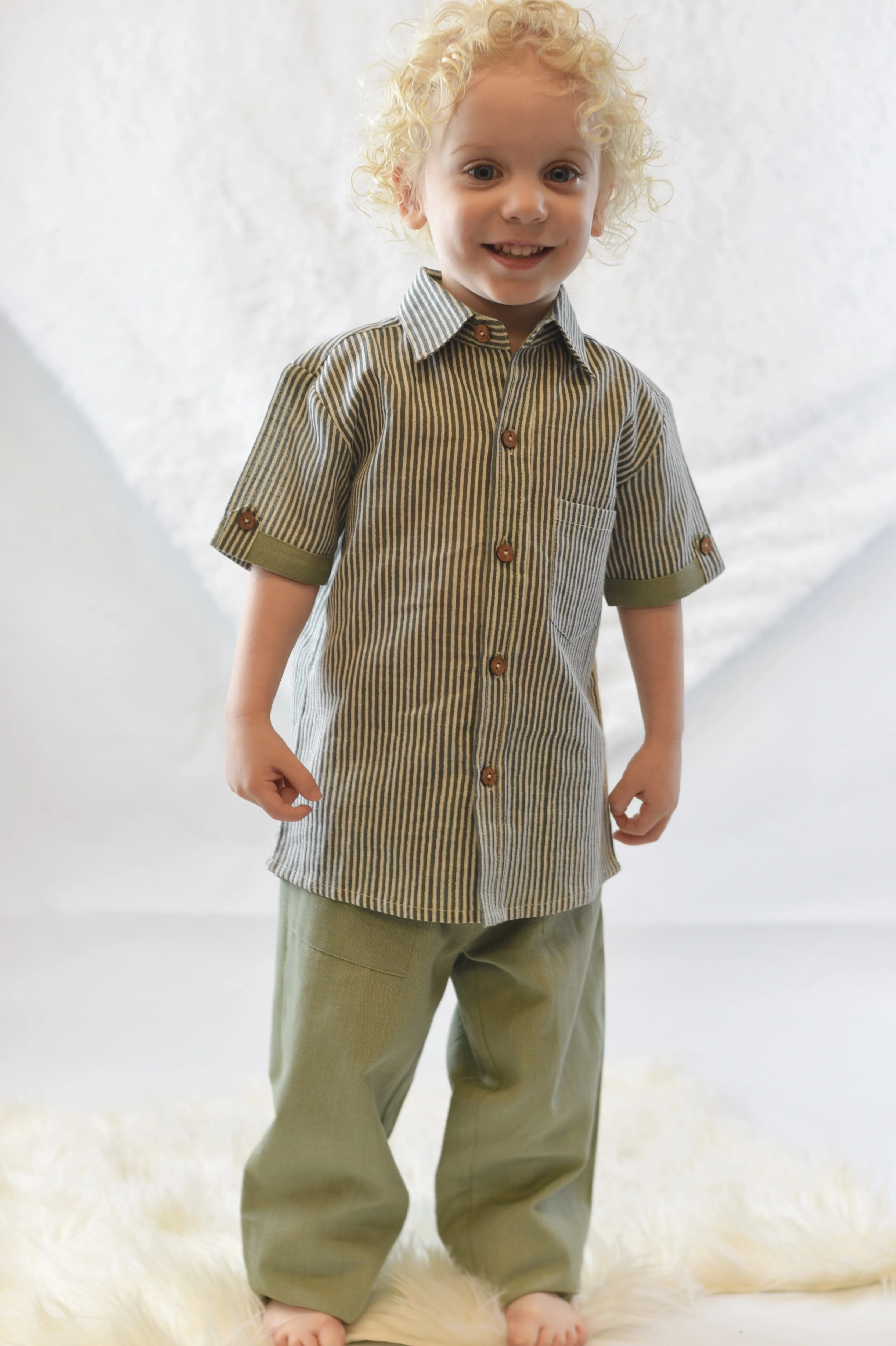 Green Striped Shirt & Pants Set