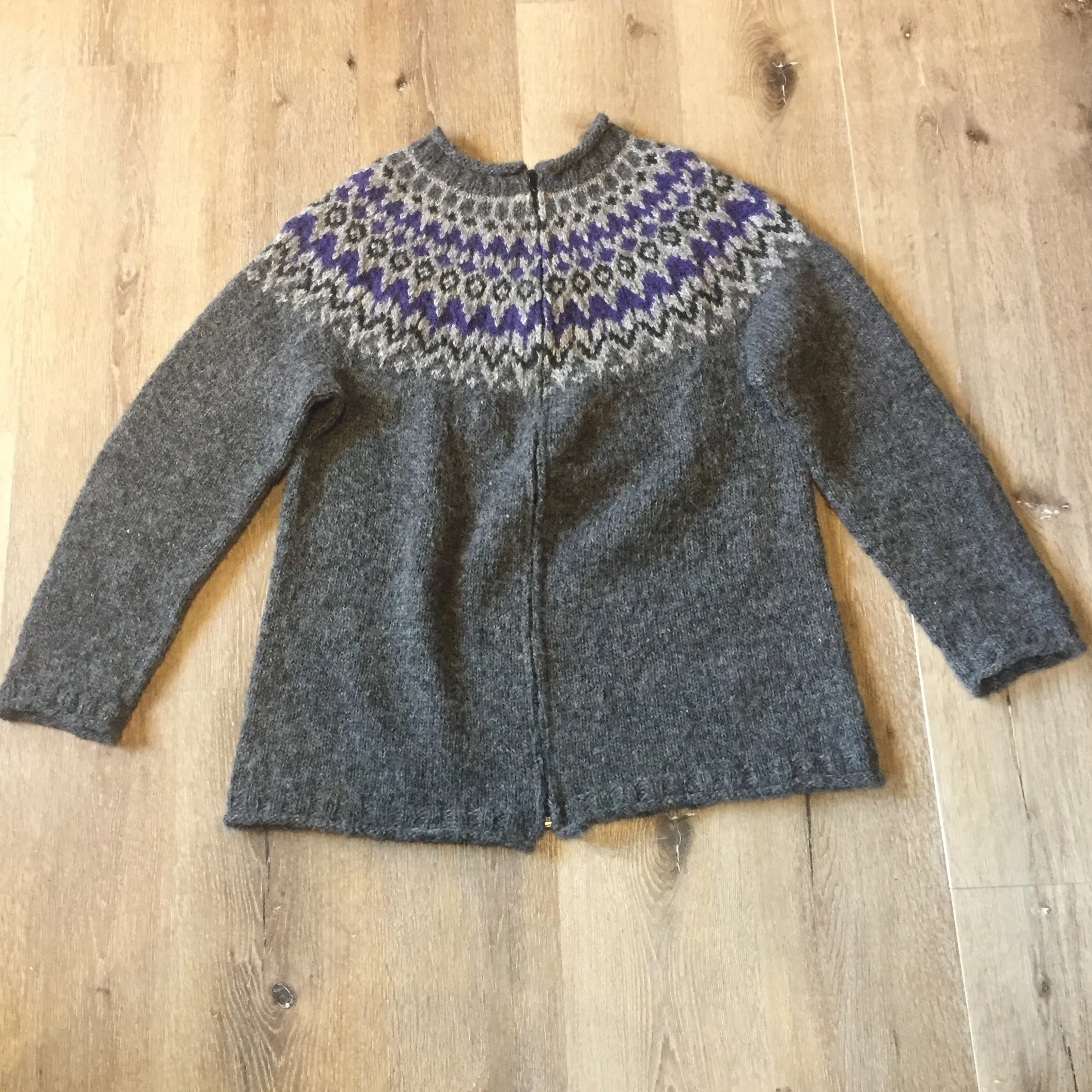 Hand Knit Grey and Purple Wool Cardigan
