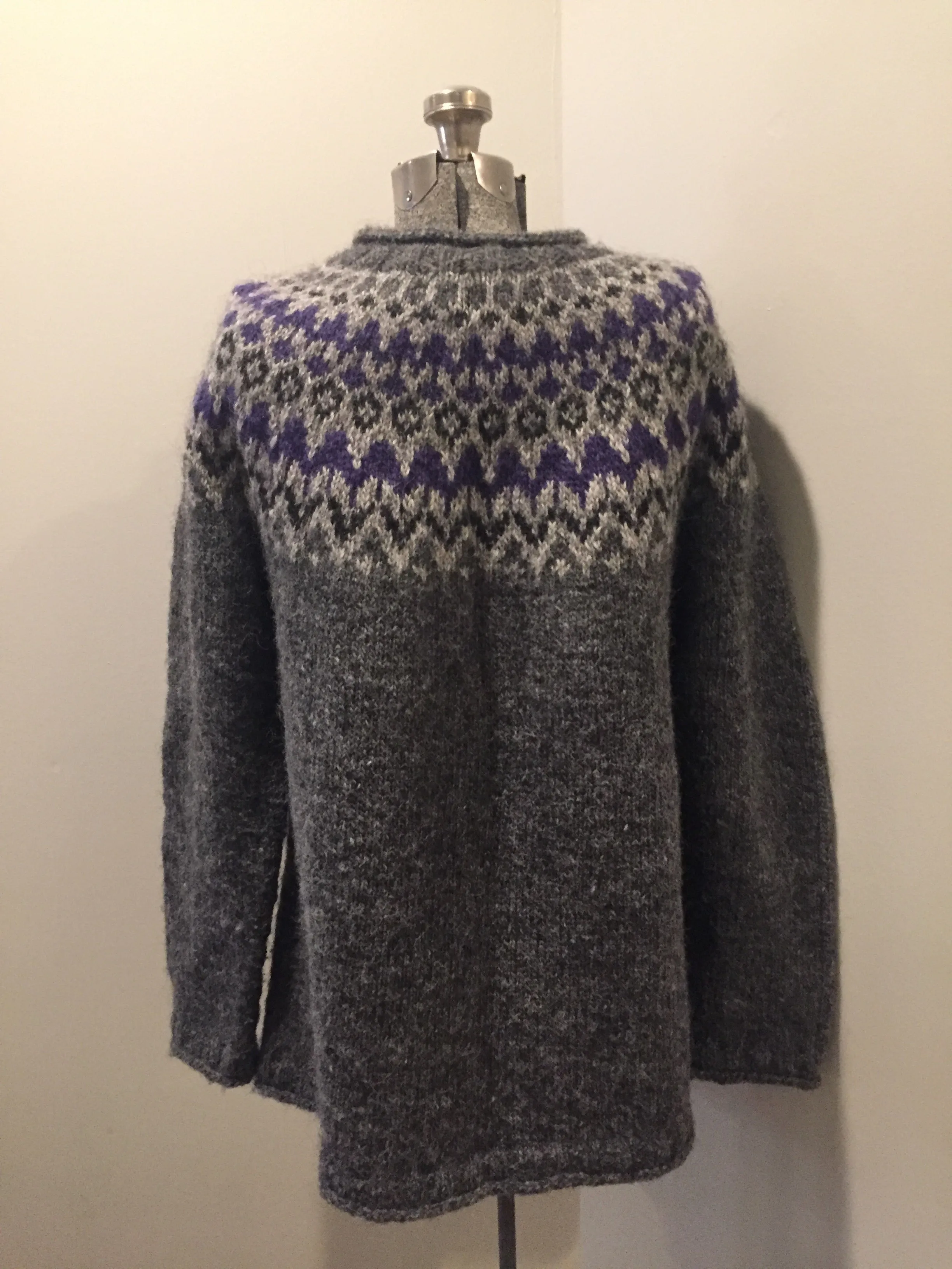Hand Knit Grey and Purple Wool Cardigan