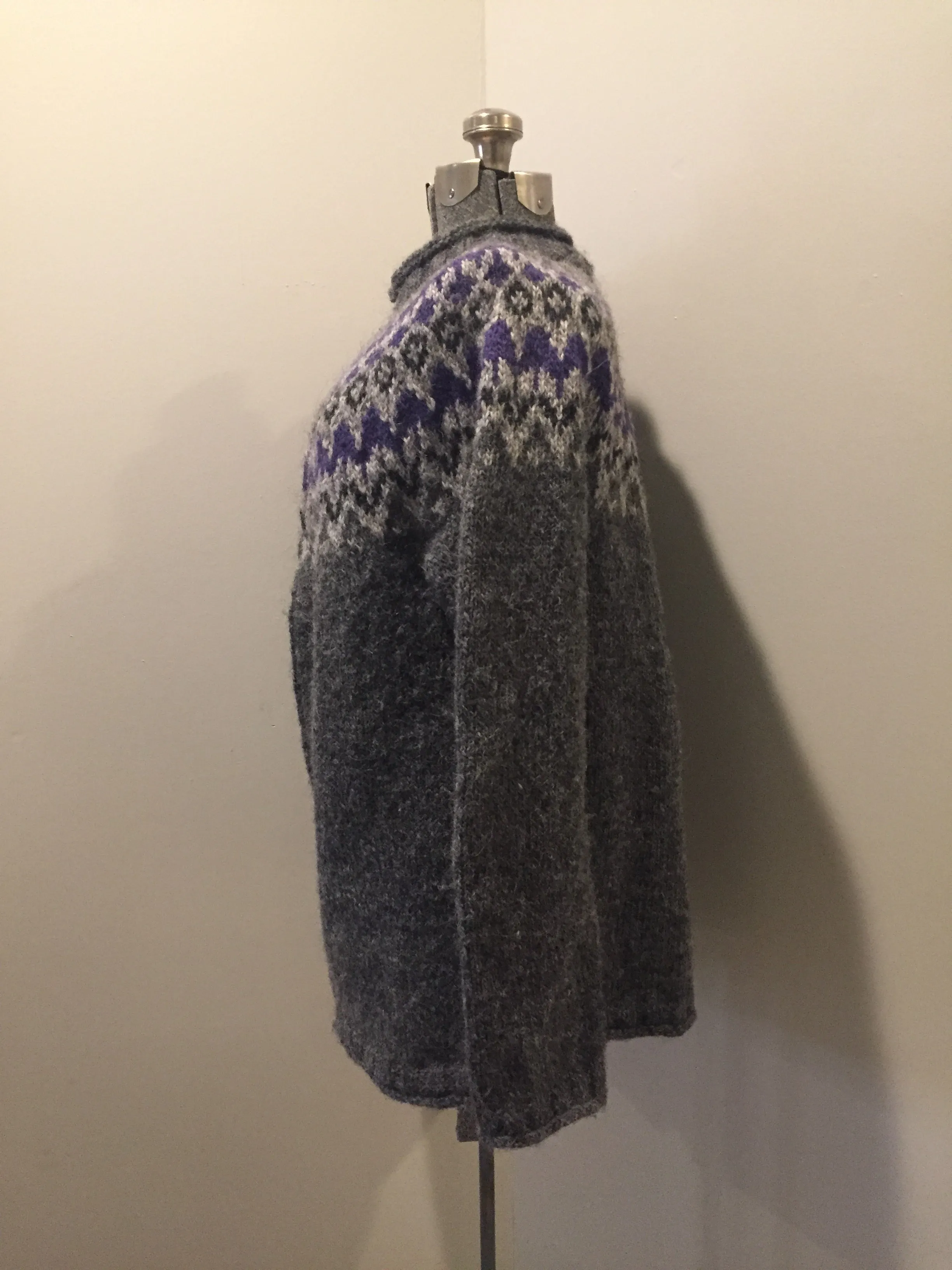 Hand Knit Grey and Purple Wool Cardigan
