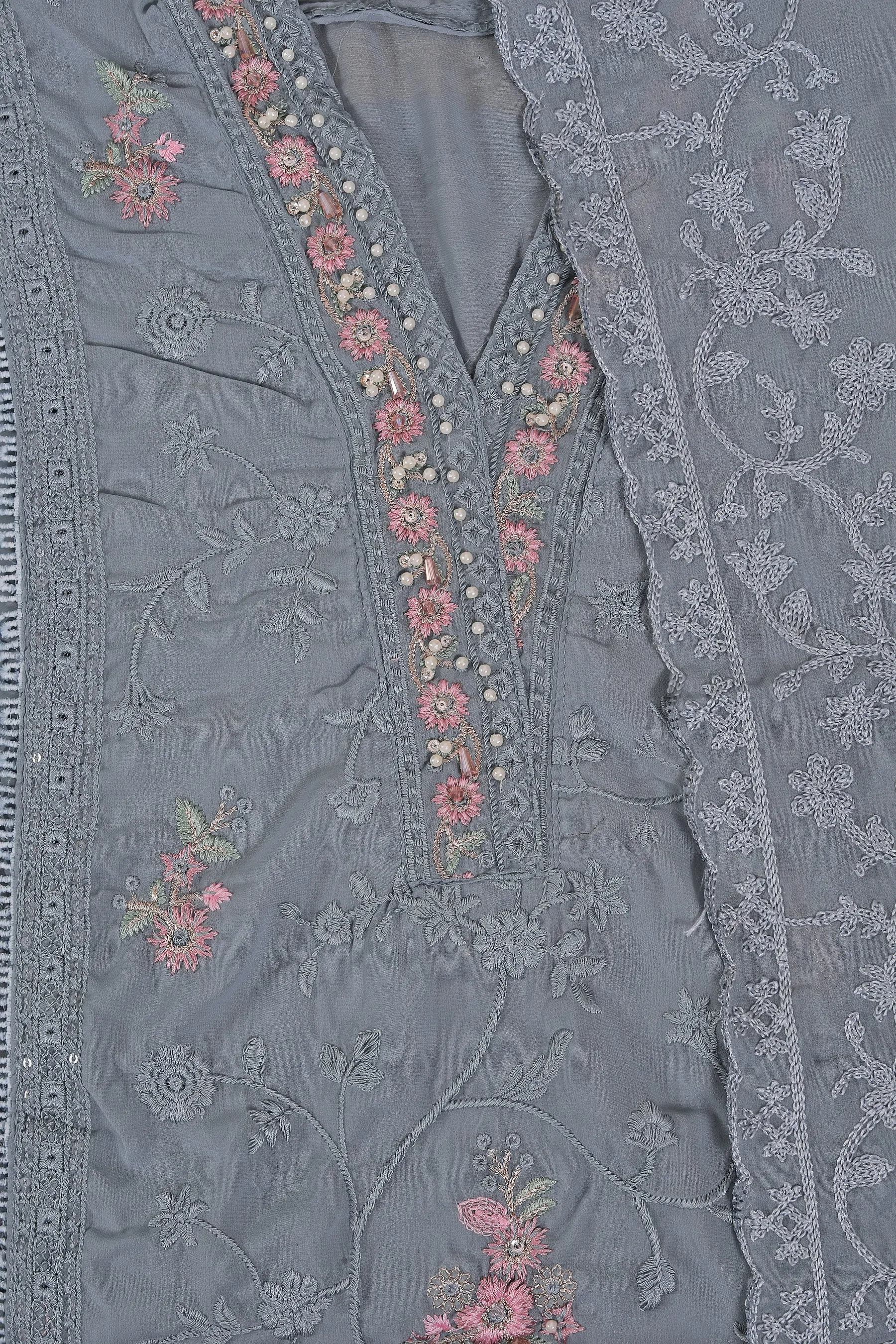 Heavy Embroidered Poly Georgette Light Blue Dress Material with Dupatta