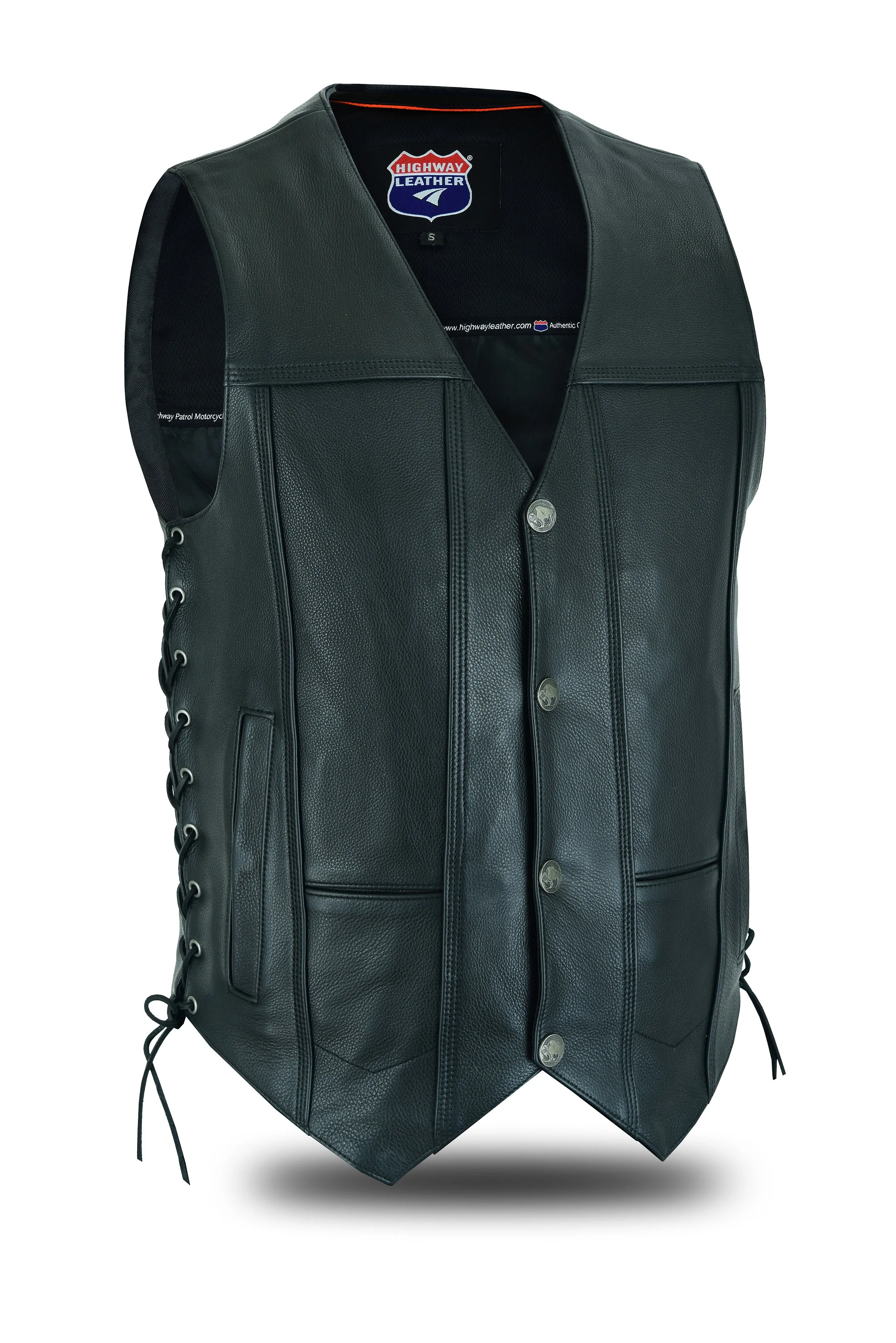 HL11018NKD Men Motorcycle Leather COVINGTON - Vest - Gun Pocket, Side Lace, Single panel back, Buffalo Nickle Snaps