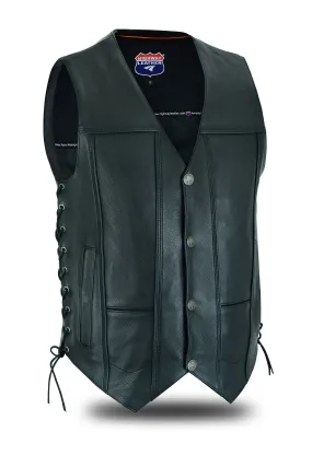 HL11018NKD Men Motorcycle Leather COVINGTON - Vest - Gun Pocket, Side Lace, Single panel back, Buffalo Nickle Snaps