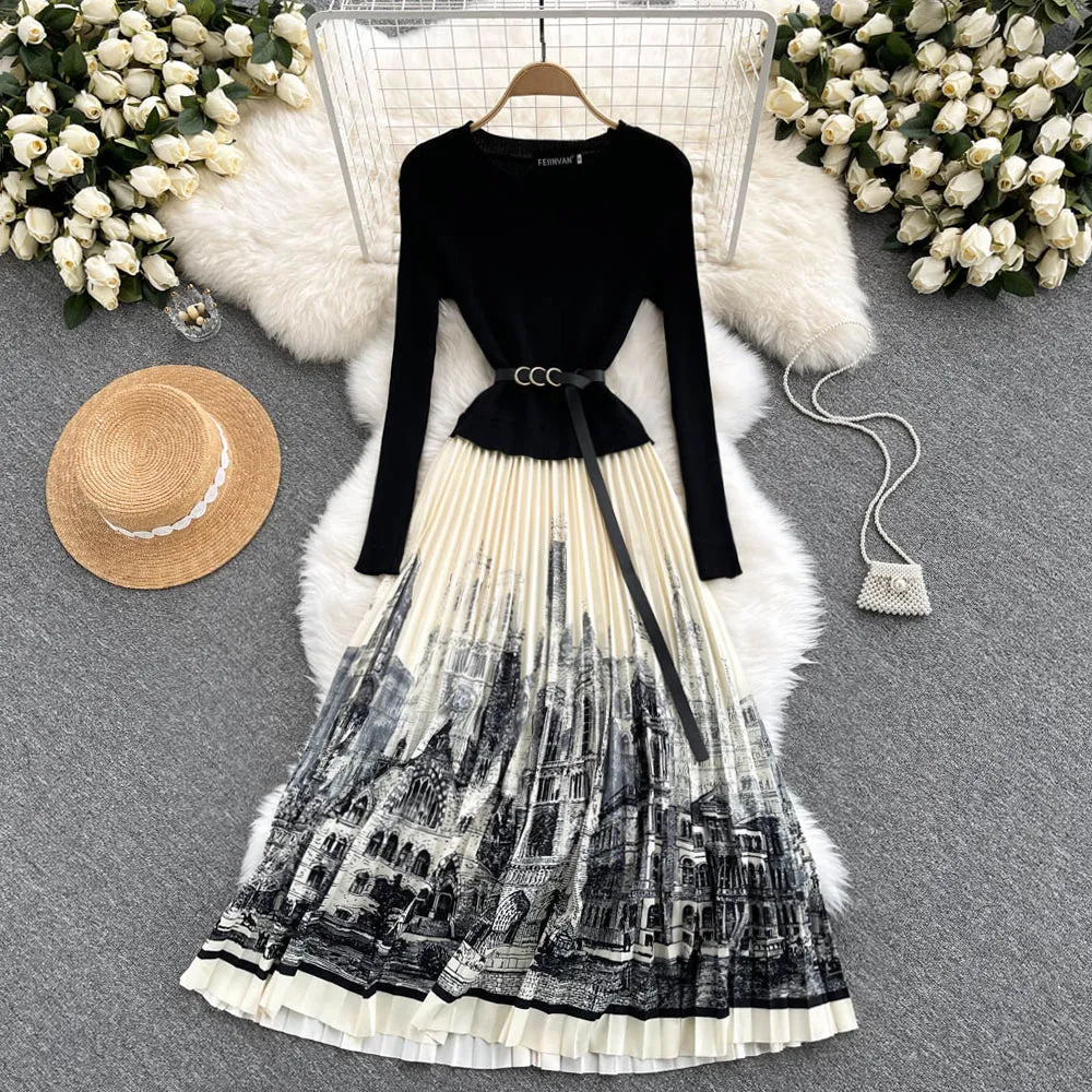 Ink And Wash Print Knit Pleated Dress