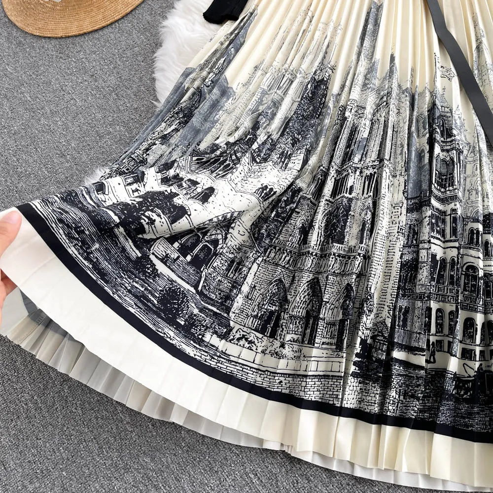Ink And Wash Print Knit Pleated Dress