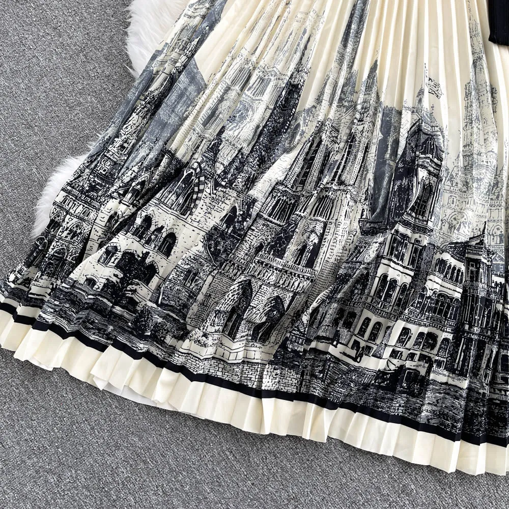Ink And Wash Print Knit Pleated Dress