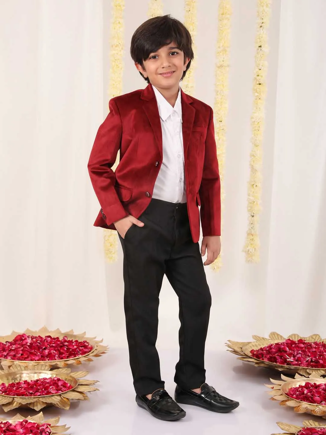 Jashvi Boy's Maroon Velvet Blazer