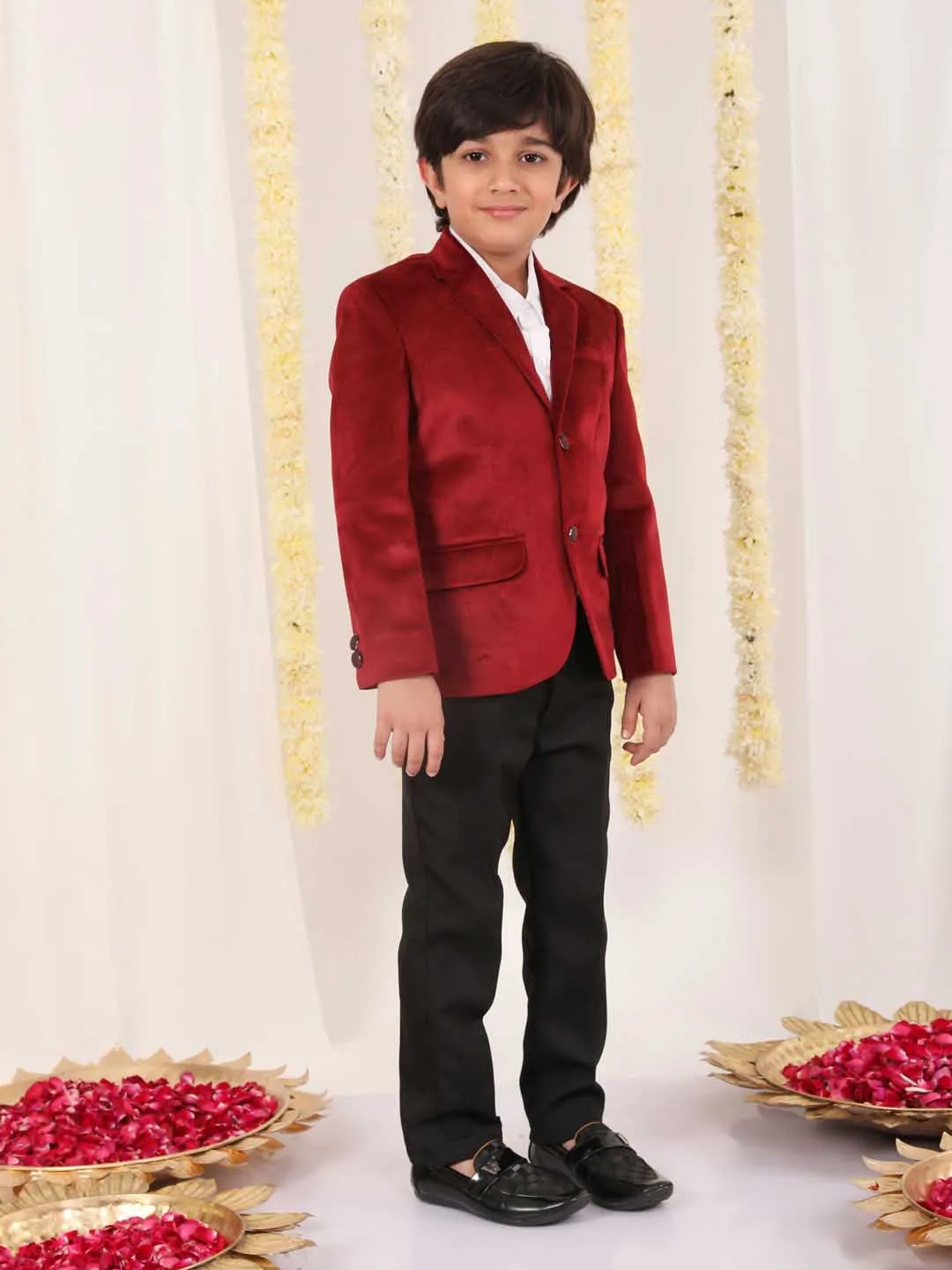 Jashvi Boy's Maroon Velvet Blazer