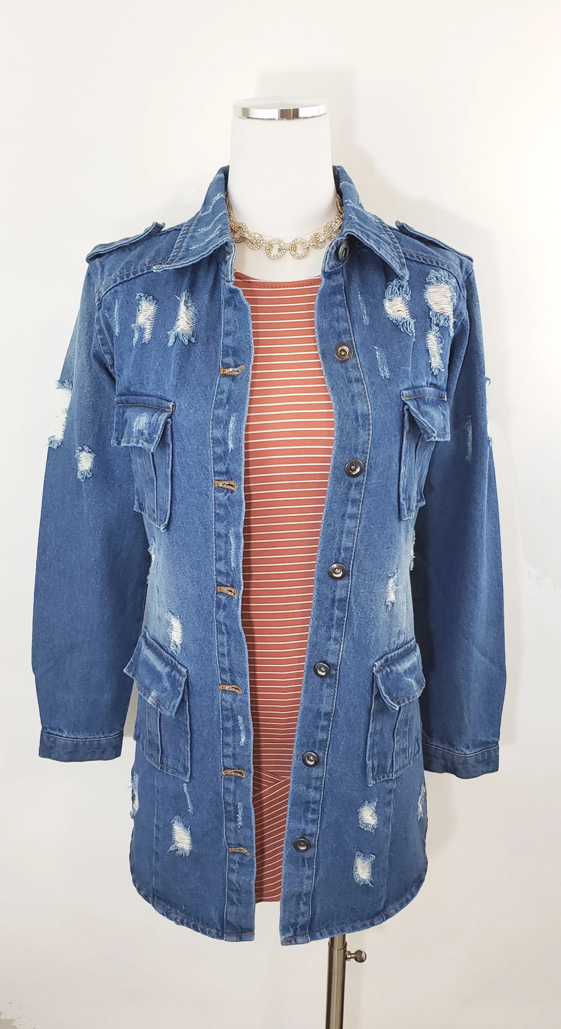 Long Destroyed Denim Jacket with Four Pockets