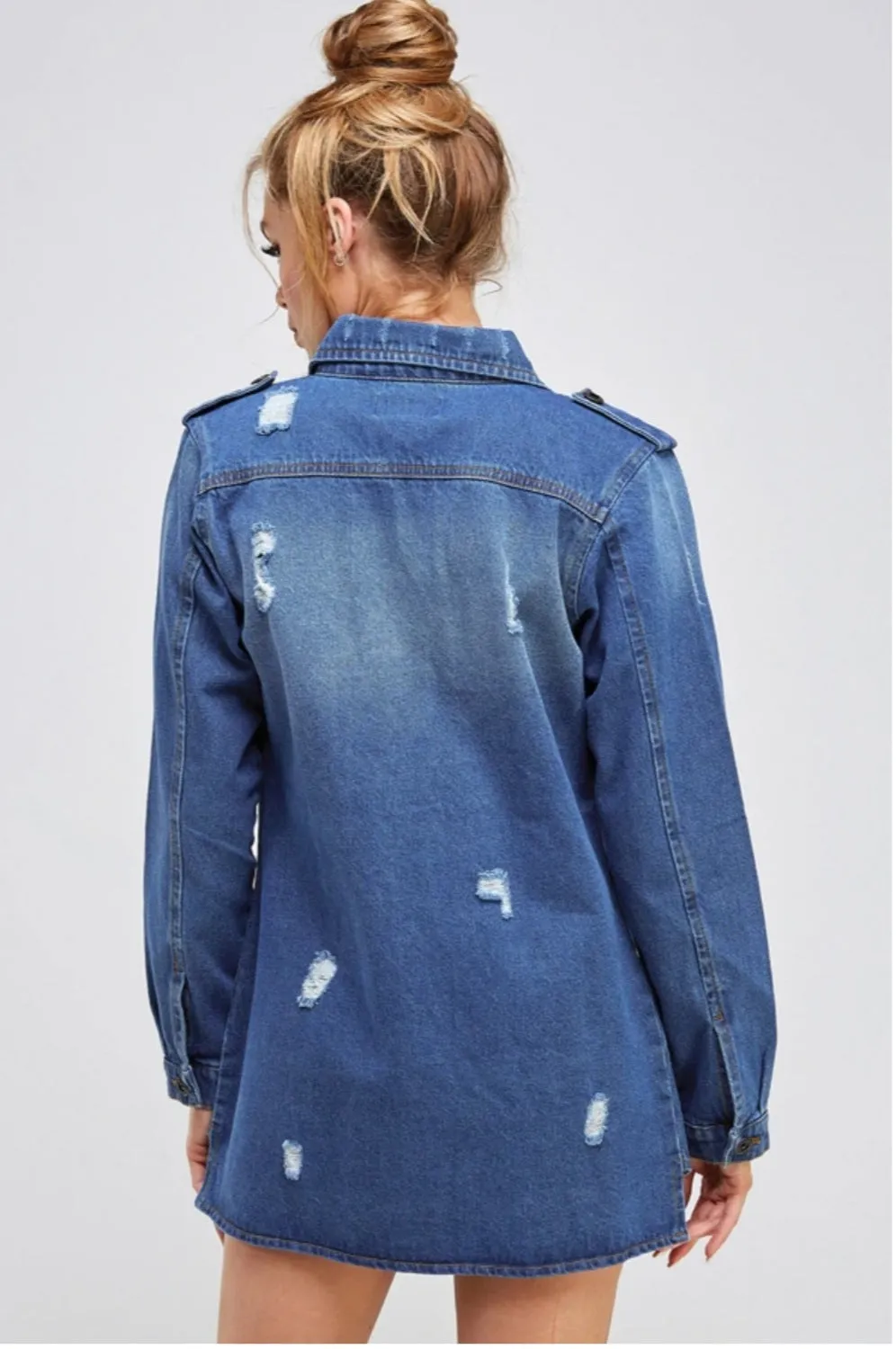 Long Destroyed Denim Jacket with Four Pockets