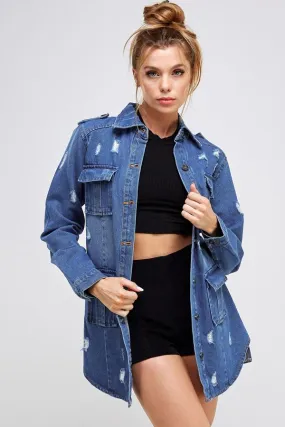 Long Destroyed Denim Jacket with Four Pockets