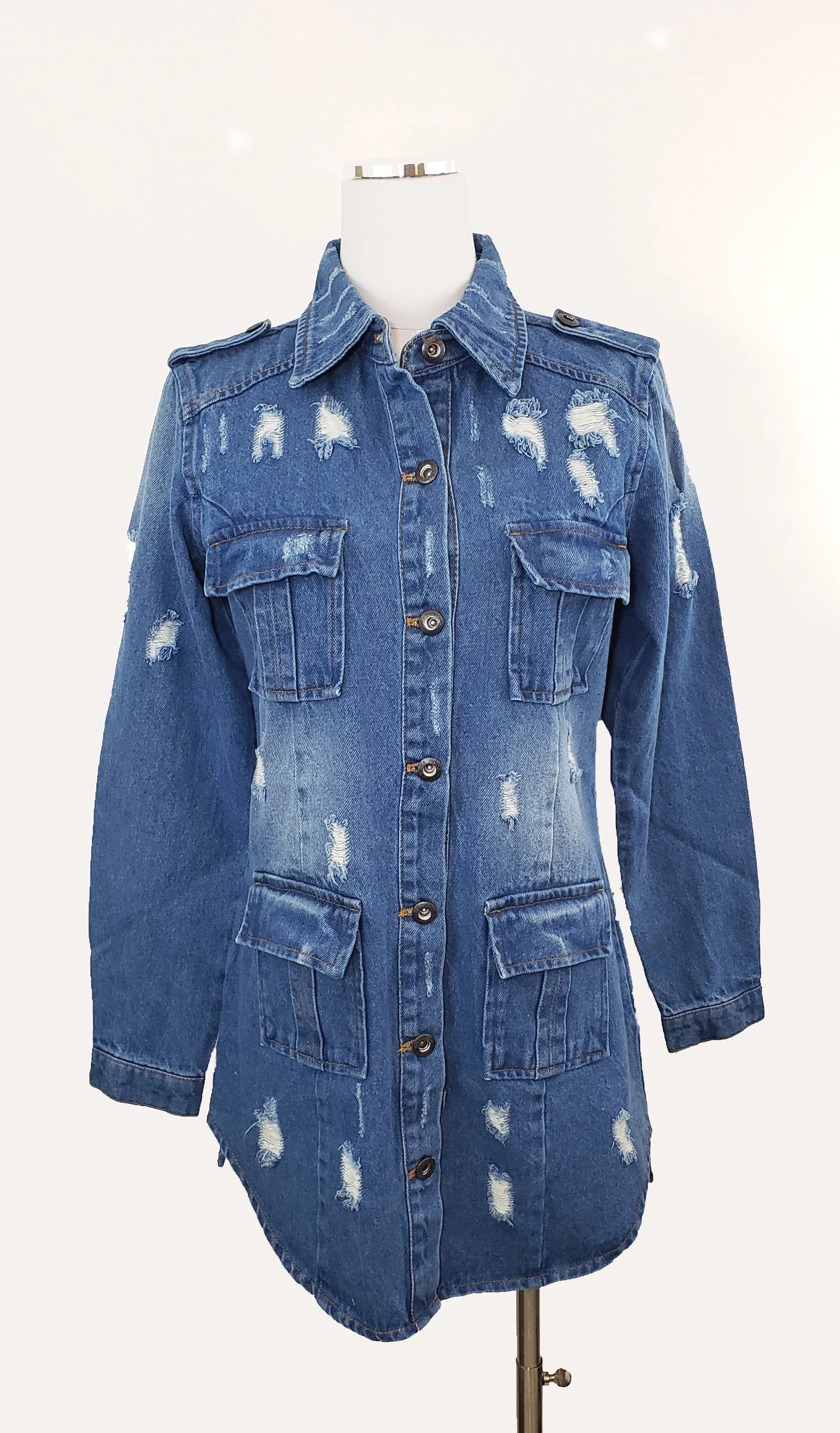 Long Destroyed Denim Jacket with Four Pockets