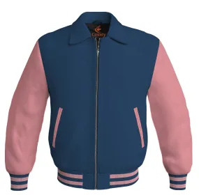 Luxury Bomber Classic Jacket Navy Blue Body and Pink Leather Sleeves