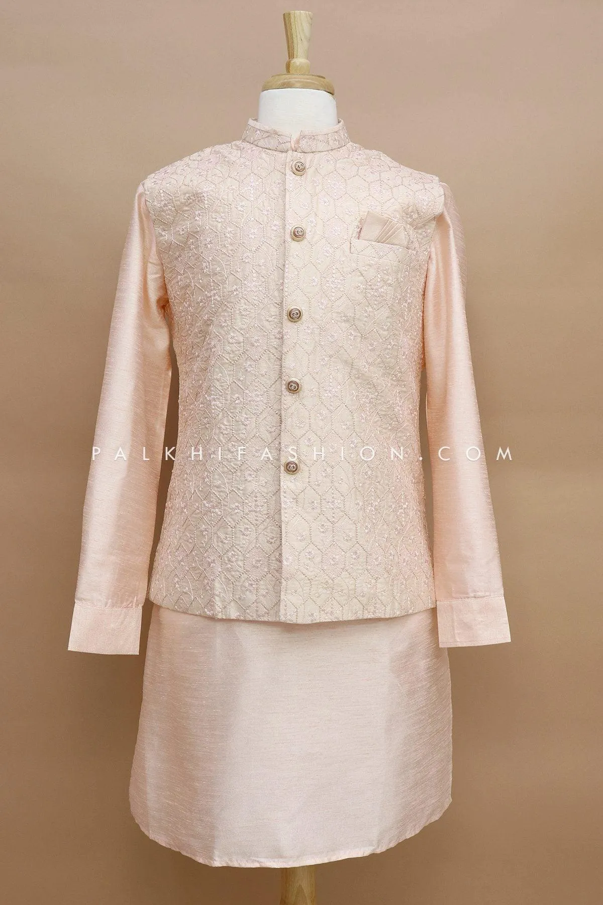 Mens Chikankari Work Jacket Kurta In Light Peach Color