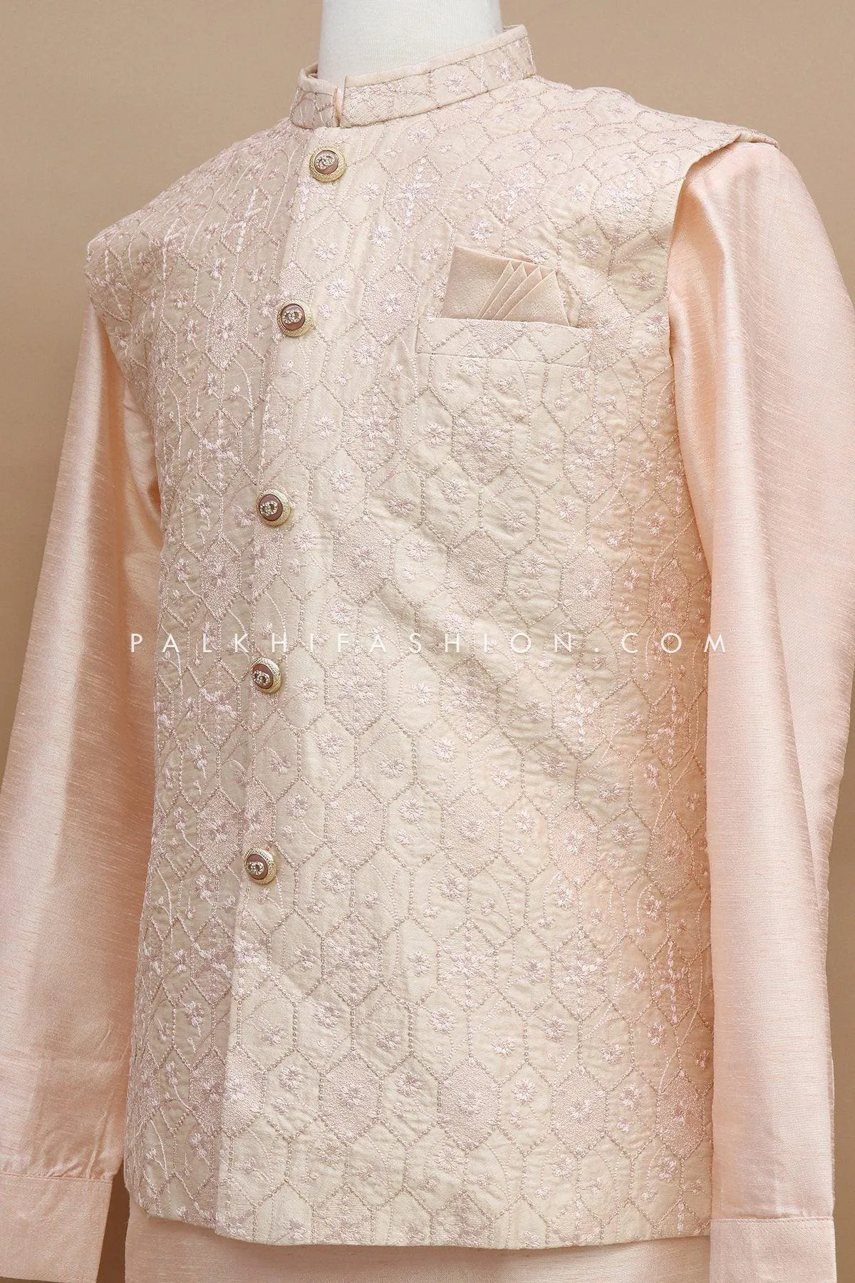Mens Chikankari Work Jacket Kurta In Light Peach Color