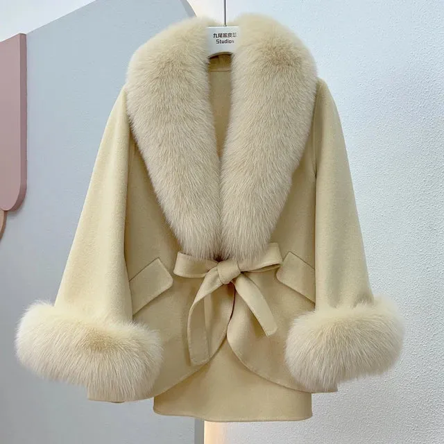 Mid-Length Slimming Cape Fox Fur Coat - Wool