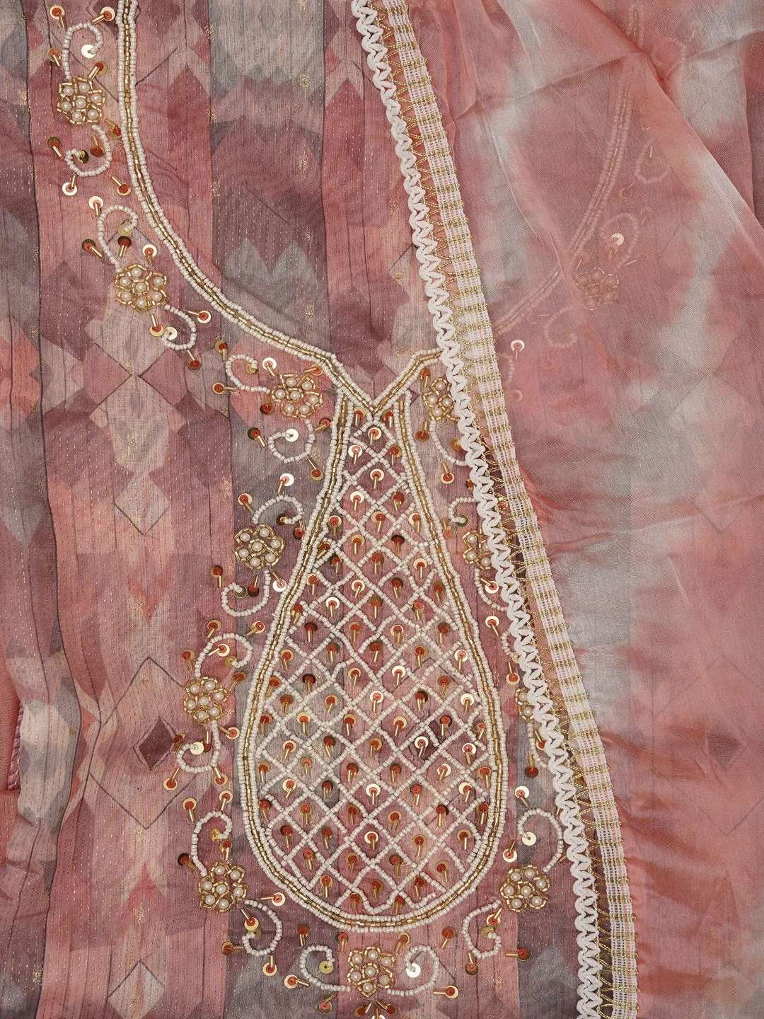 Peach Leheriya Embroidered Dress Material with Dupatta