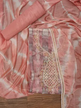 Peach Leheriya Embroidered Dress Material with Dupatta