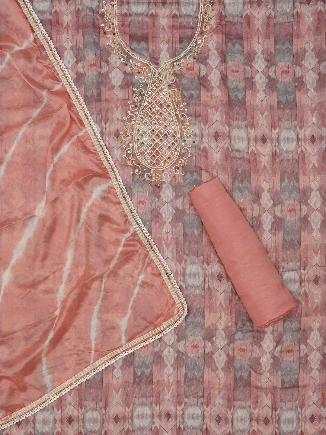 Peach Leheriya Embroidered Dress Material with Dupatta