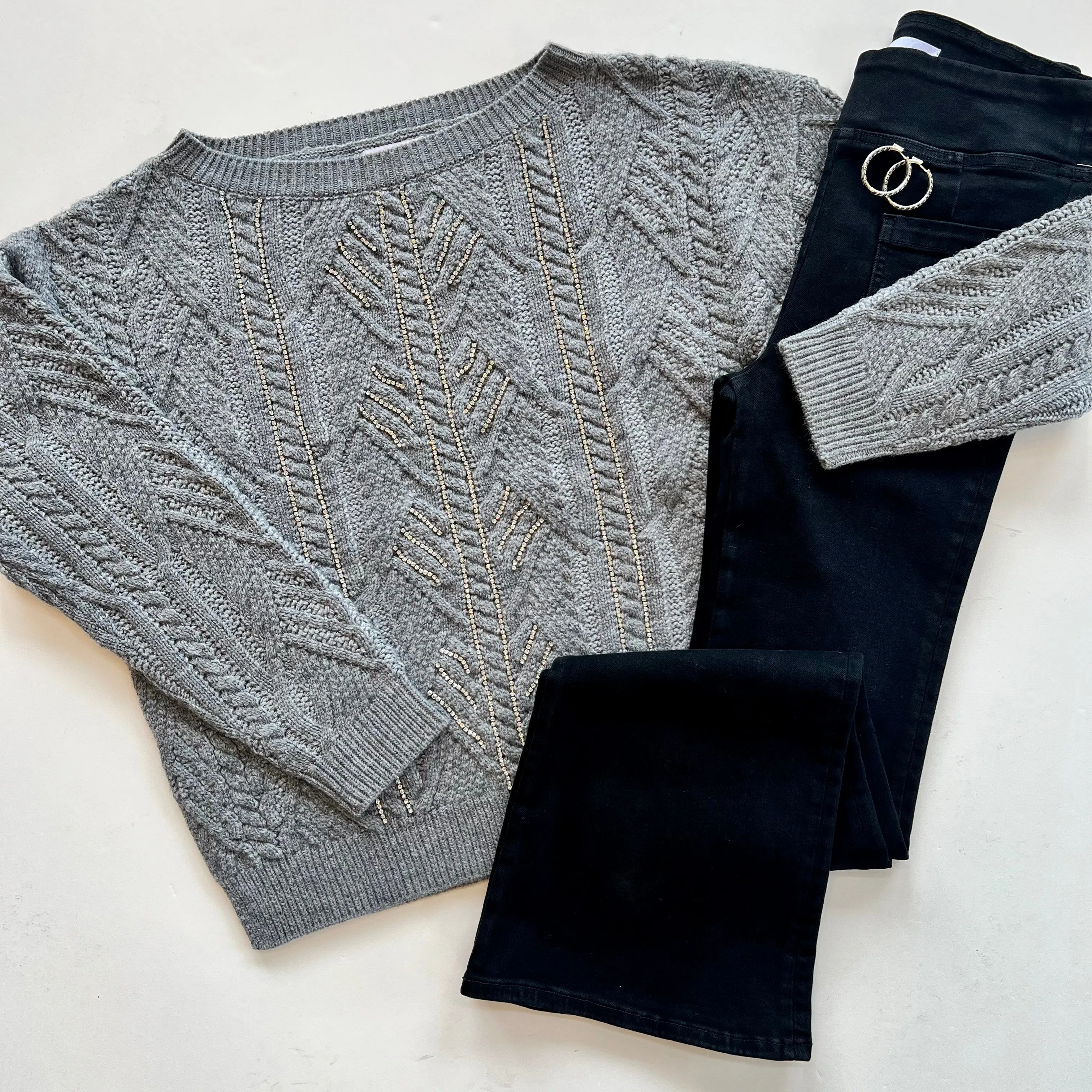 Ra237008 Ramy Brook Embellished Cable Knit Sweater
