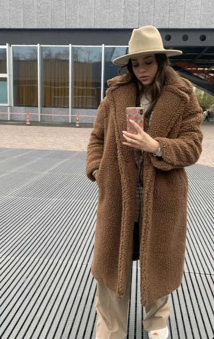Teddy cappotto donna lungo ecologico cammello