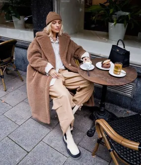 Teddy cappotto donna lungo ecologico cammello