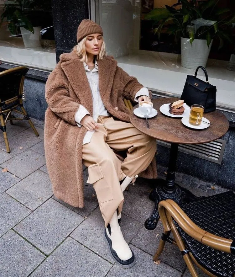 Teddy cappotto donna lungo ecologico cammello