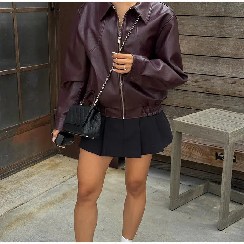 Vintage dark wine red oversized leather jacket