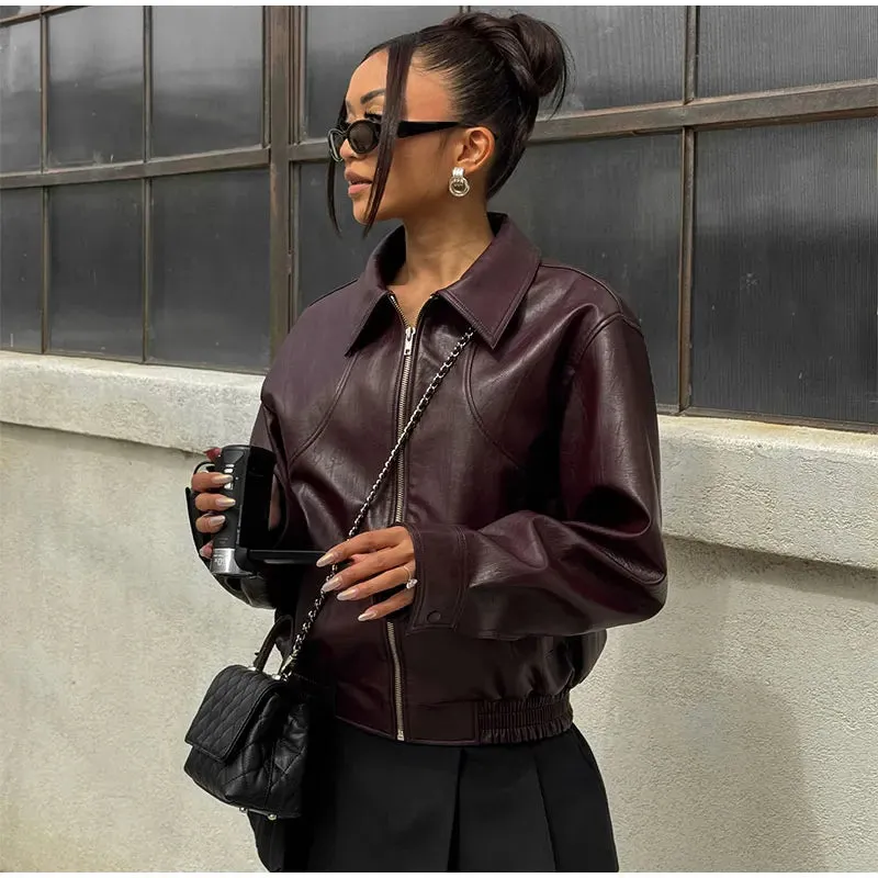 Vintage dark wine red oversized leather jacket