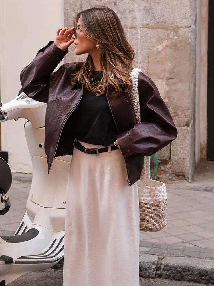 Vintage dark wine red oversized leather jacket