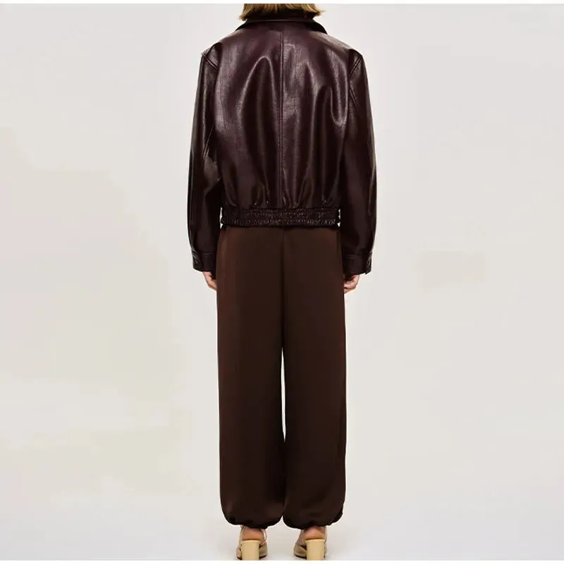 Vintage dark wine red oversized leather jacket