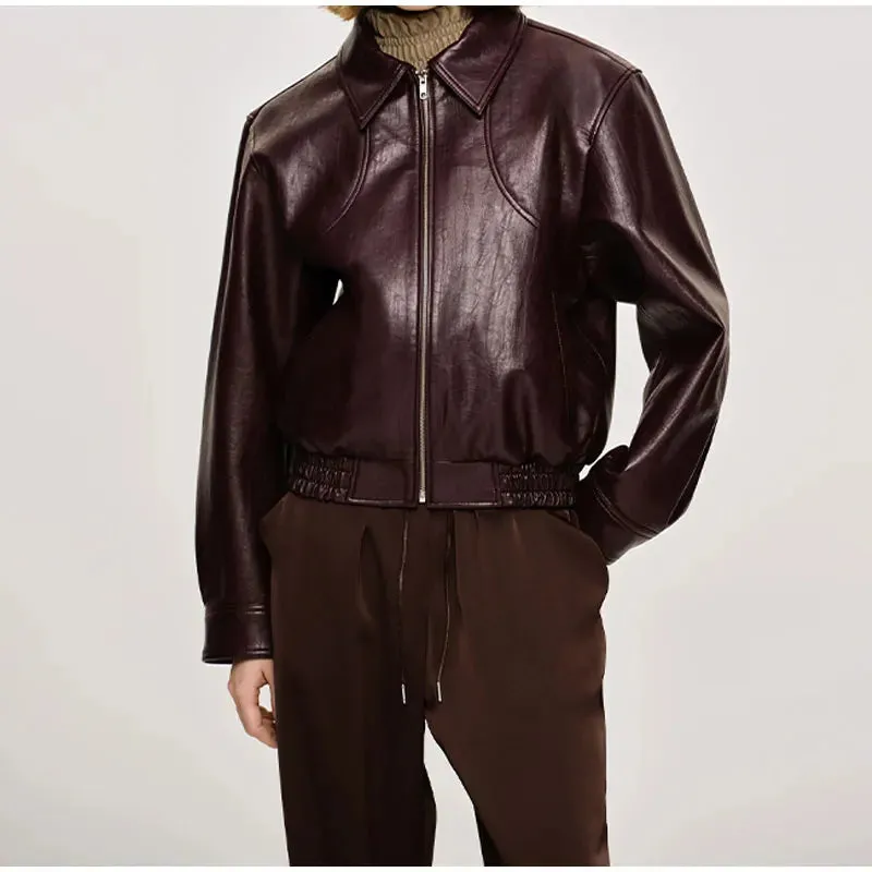 Vintage dark wine red oversized leather jacket
