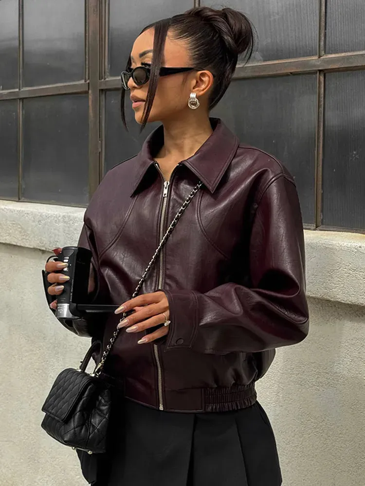 Vintage dark wine red oversized leather jacket