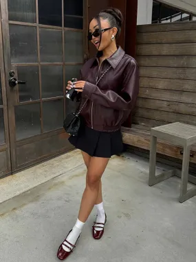 Vintage dark wine red oversized leather jacket