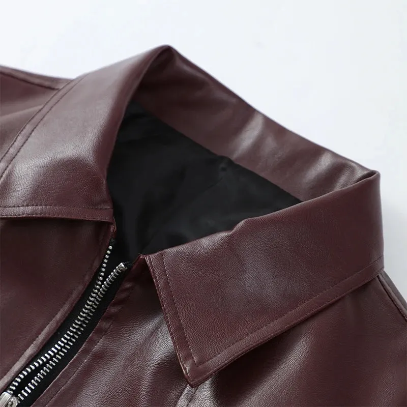 Vintage dark wine red oversized leather jacket
