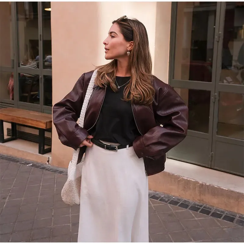 Vintage dark wine red oversized leather jacket