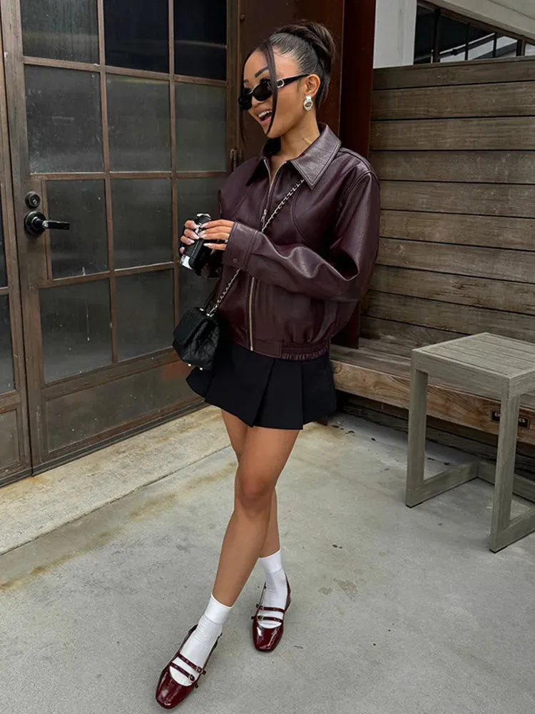 Vintage dark wine red oversized leather jacket