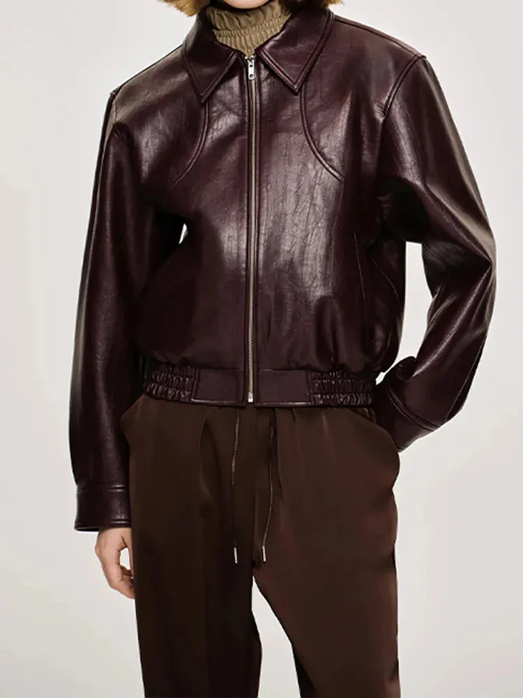 Vintage dark wine red oversized leather jacket